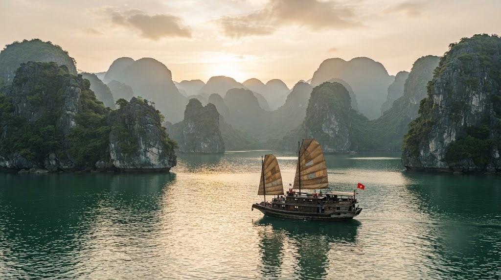 Traditional junk boat sailing past limestone karsts in Ha Long Bay, Vietnam