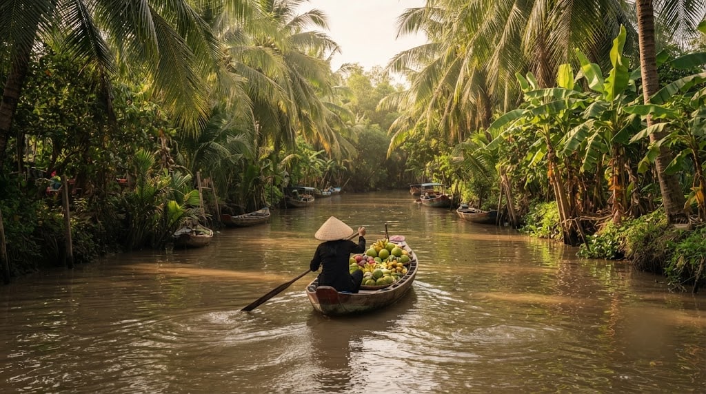 Wooden sampan boats on a palm lined canal in the Mekong Delta, Vietnam