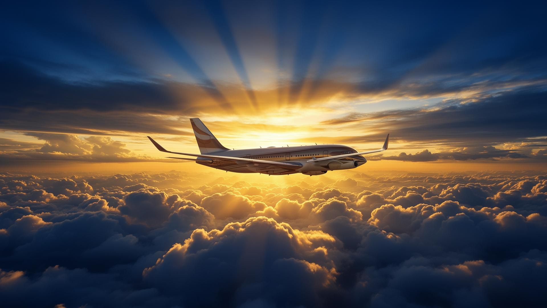 Luxury airplane flying over clouds at sunset