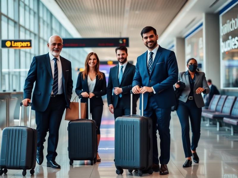 Business professionals with luggage at airport — Flywings corporate travel solutions