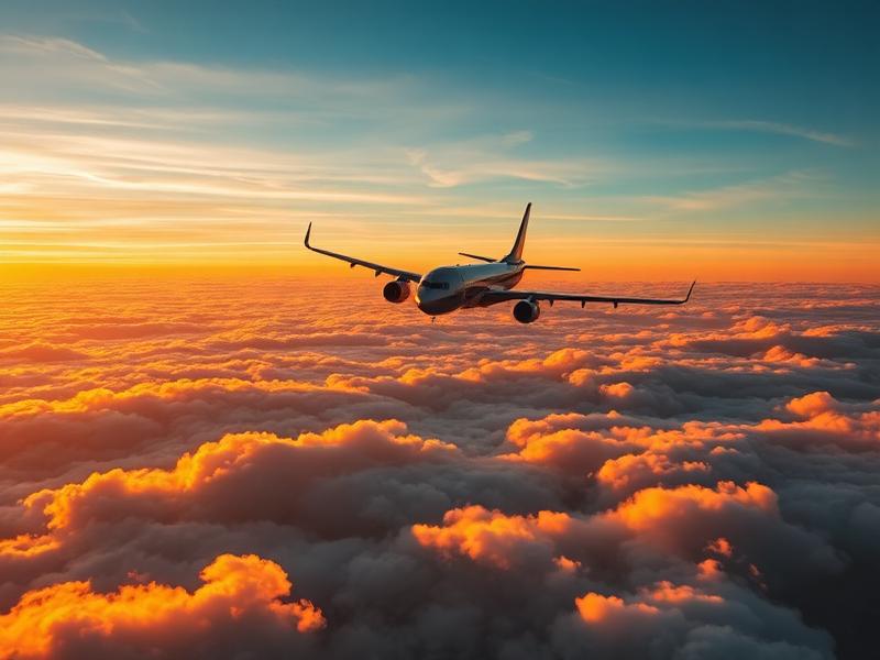 Commercial airplane flying above golden clouds at sunset — Flywings flight booking service