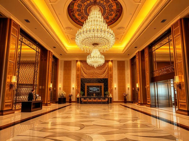 Opulent 5-star hotel lobby with chandeliers — Flywings hotel booking service