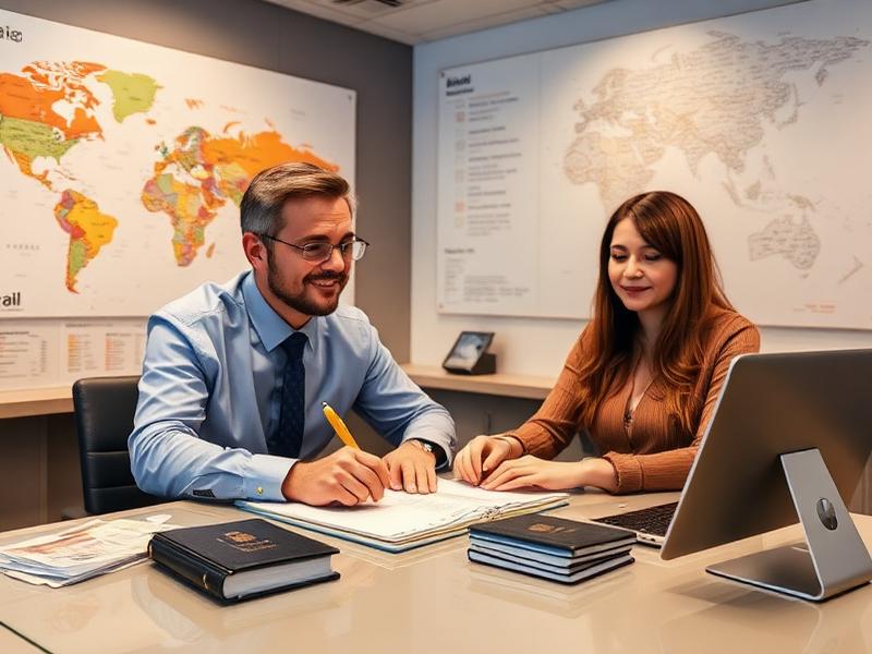 Travel consultant helping client with visa documentation — Flywings visa services